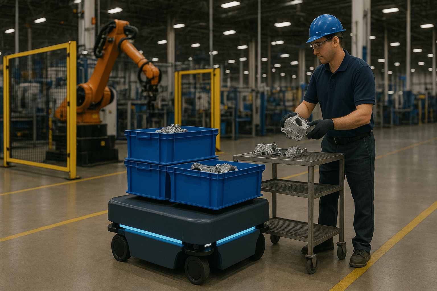 Dans une usine de production de pièces automobiles, les équipes ont déployé des robots mobiles autonomes (AMR) pour automatisation industrielle.
