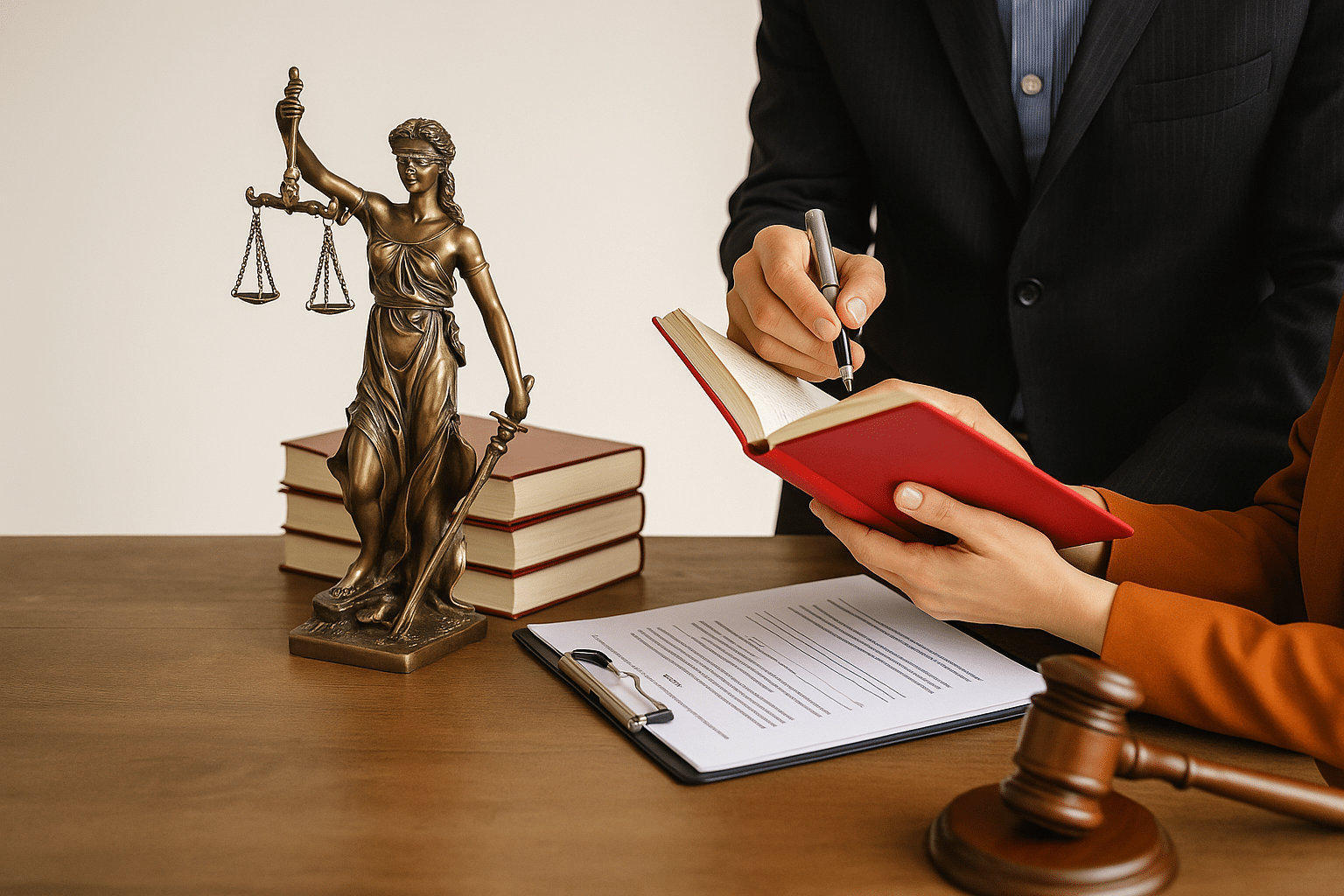 Jurisprudence PTI illustrée par : Deux personnes consultent un livre de droit rouge sur un bureau en bois, à côté d’une statue de la justice, d’un marteau de juge et de documents administratifs.