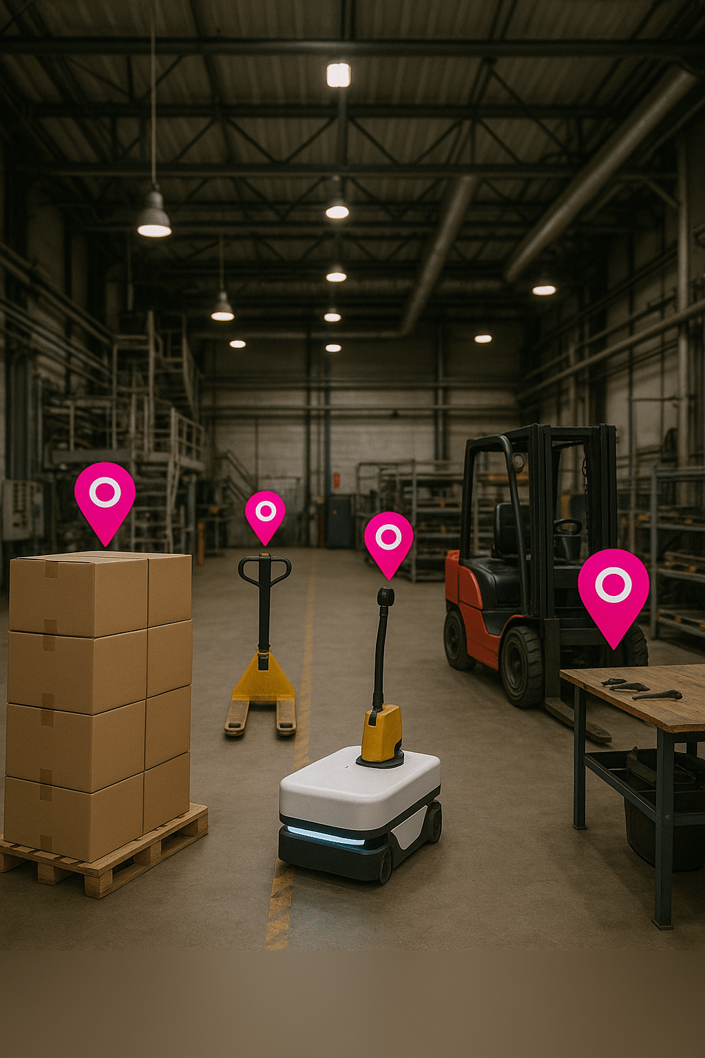 Vue intérieure d’un site industriel moderne illustrant les tendances asset tracking, avec différents types d’équipements identifiables : une palette de cartons, un robot mobile autonome (AMR), un transpalette manuel, un chariot élévateur et un établi avec des outils. Chacun de ces actifs est marqué d’une icône de localisation rose, soulignant la mise en place d’un système de géolocalisation en temps réel. L’image traduit visuellement l’évolution des pratiques industrielles vers un suivi intelligent et connecté des ressources.