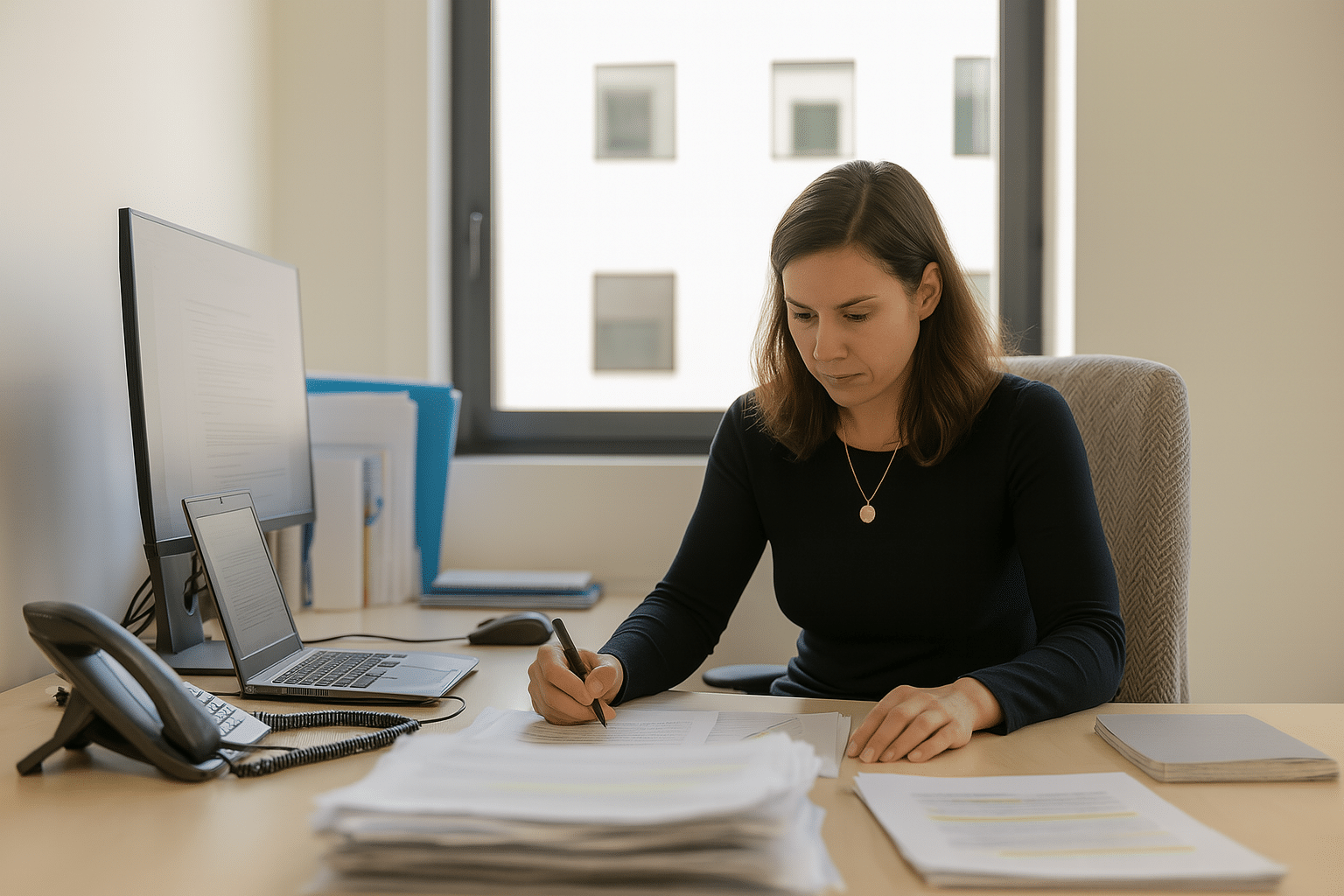 Une responsable HSE travaille à son bureau sur des documents liés à la gestion des habilitations et des formations, contribuant à garantir la conformité HSE de l’entreprise
