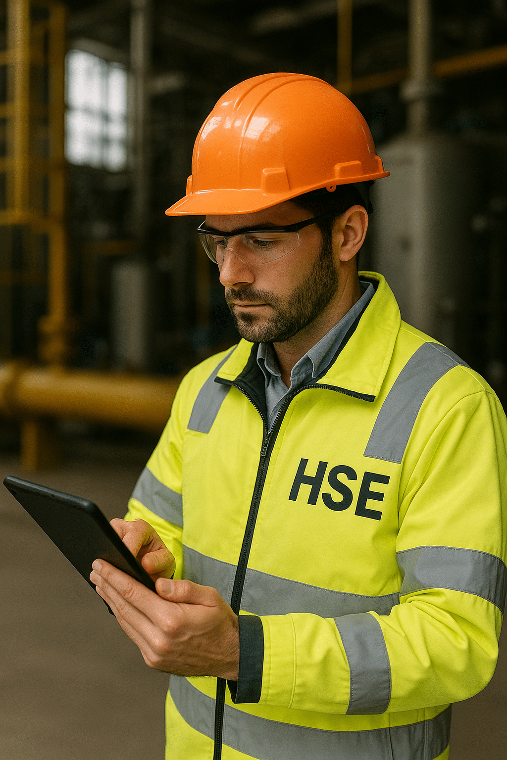 Un professionnel HSE portant un casque de sécurité orange, des lunettes de protection et une veste haute visibilité consulte une tablette numérique dans un environnement industriel, illustrant l’importance de la conformité HSE grâce à l’utilisation des technologies.