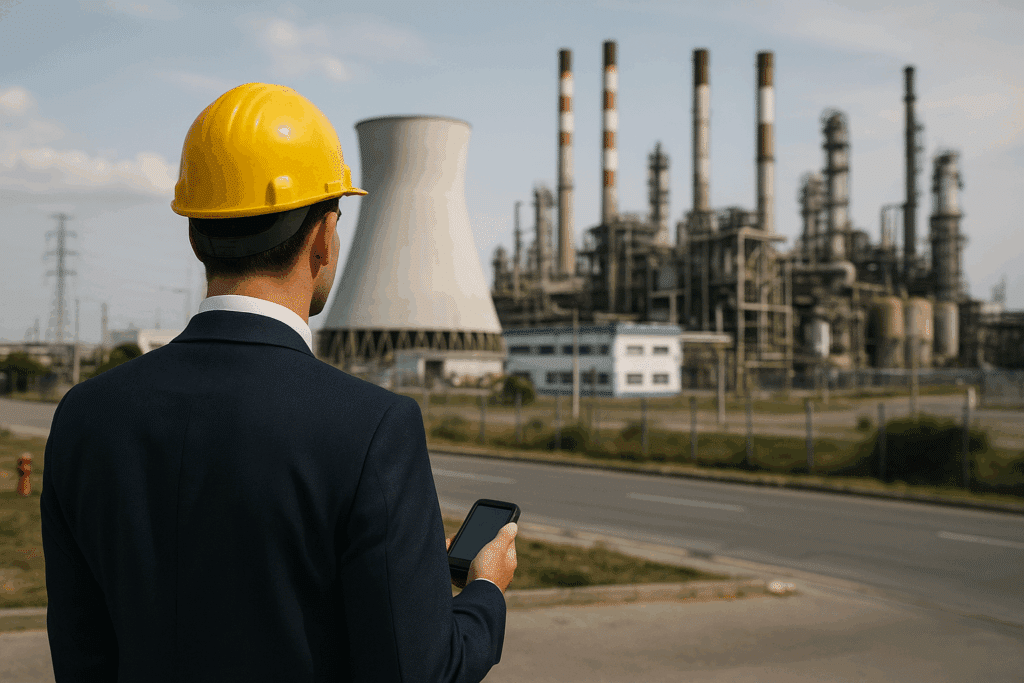 Un homme en costume vu de dos observe un vaste site industriel moderne, symbole de la transformation numérique portée par la 5G privée dans l’industrie.