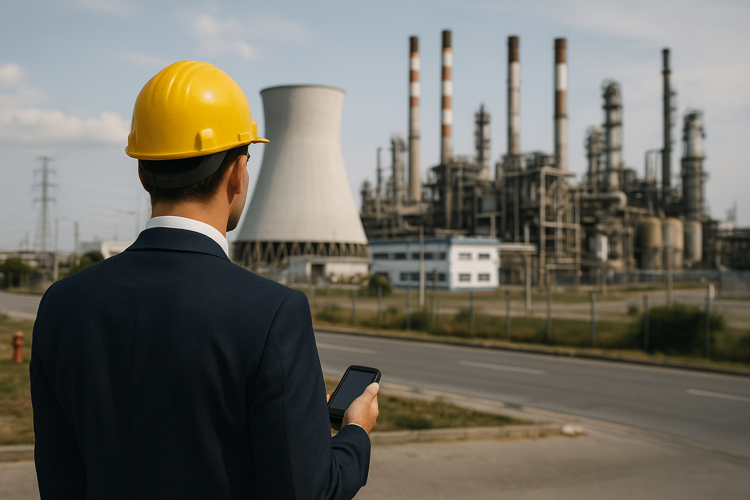 Un homme en costume vu de dos observe un vaste site industriel moderne, symbole de la transformation numérique portée par la 5G privée dans l’industrie.