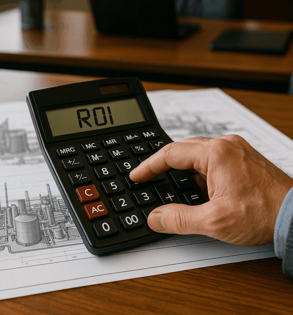 Gros plan réaliste d’une main utilisant une calculatrice dans un bureau de directeur de site industriel, l’écran affichant le mot ROI. Sur le bureau se trouvent des plans techniques. L’image illustre le calcul du ROI géolocalisation indoor appliqué à un site industriel."