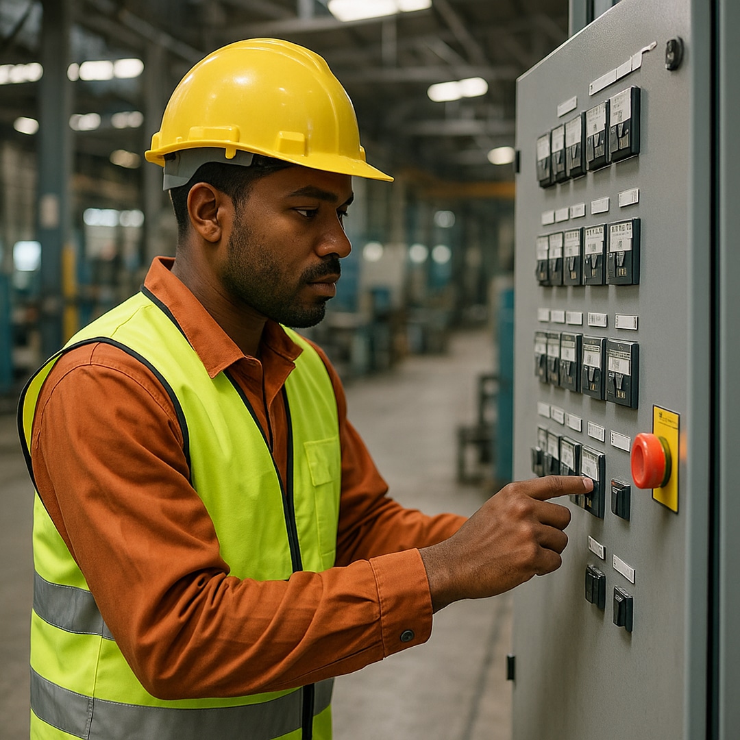 homme seul dans un environnement industriel qui manipule un panneau electrique. Image servant à illustrer l'importance de la géolocalisation indoor PTI.
