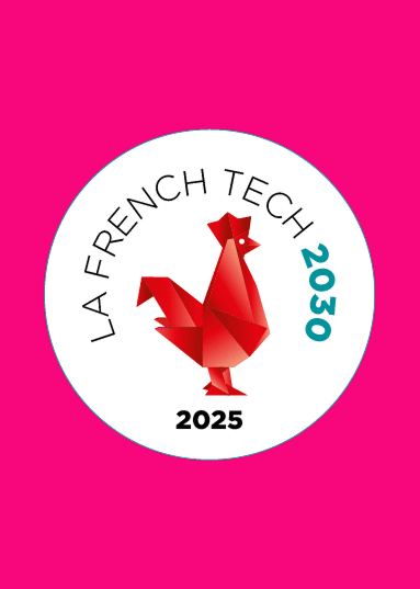 Logo French tech 2030 sur fond rose aux couleurs de Wheere pour annoncer la selection de la deeptech à ce prestigieux programme