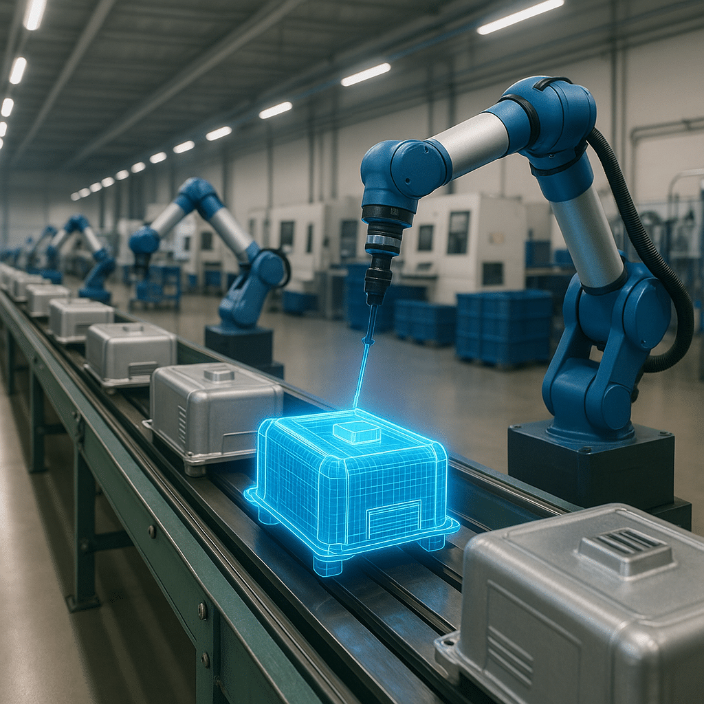 photo d'un bras mécanique automantisé faisant partie d'une chaine de production. Effets futuristes pour représenter l'usine moderne et automatisée grace à la 5G + Wheere