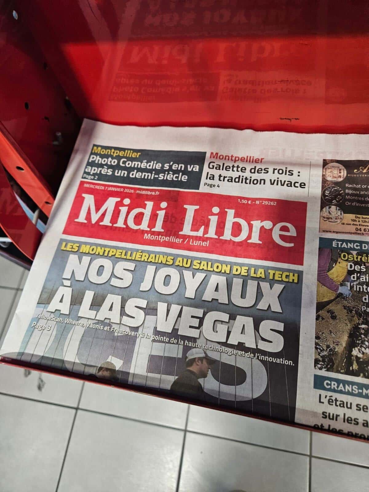 Couverture du Midi Libre laissant apparaitre Wheere ainsi que les autres entreprises de Montpellier qui participent au CES 2026