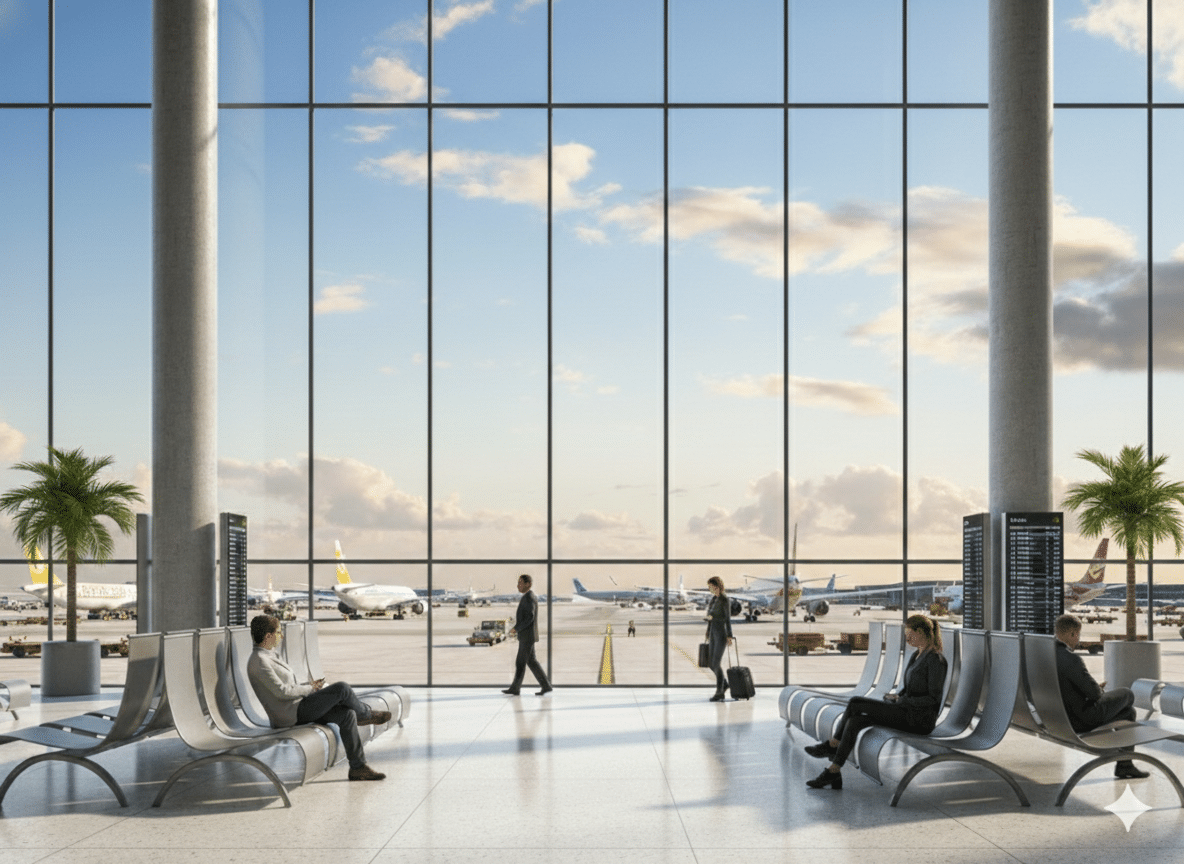 Vue intérieure d'un terminal d'aéroport moderne et lumineux avec travers une grande baie vitrée qui donne sur le tarmac. Cette image illustre l'article : la géolocalisation indoor en aeroport