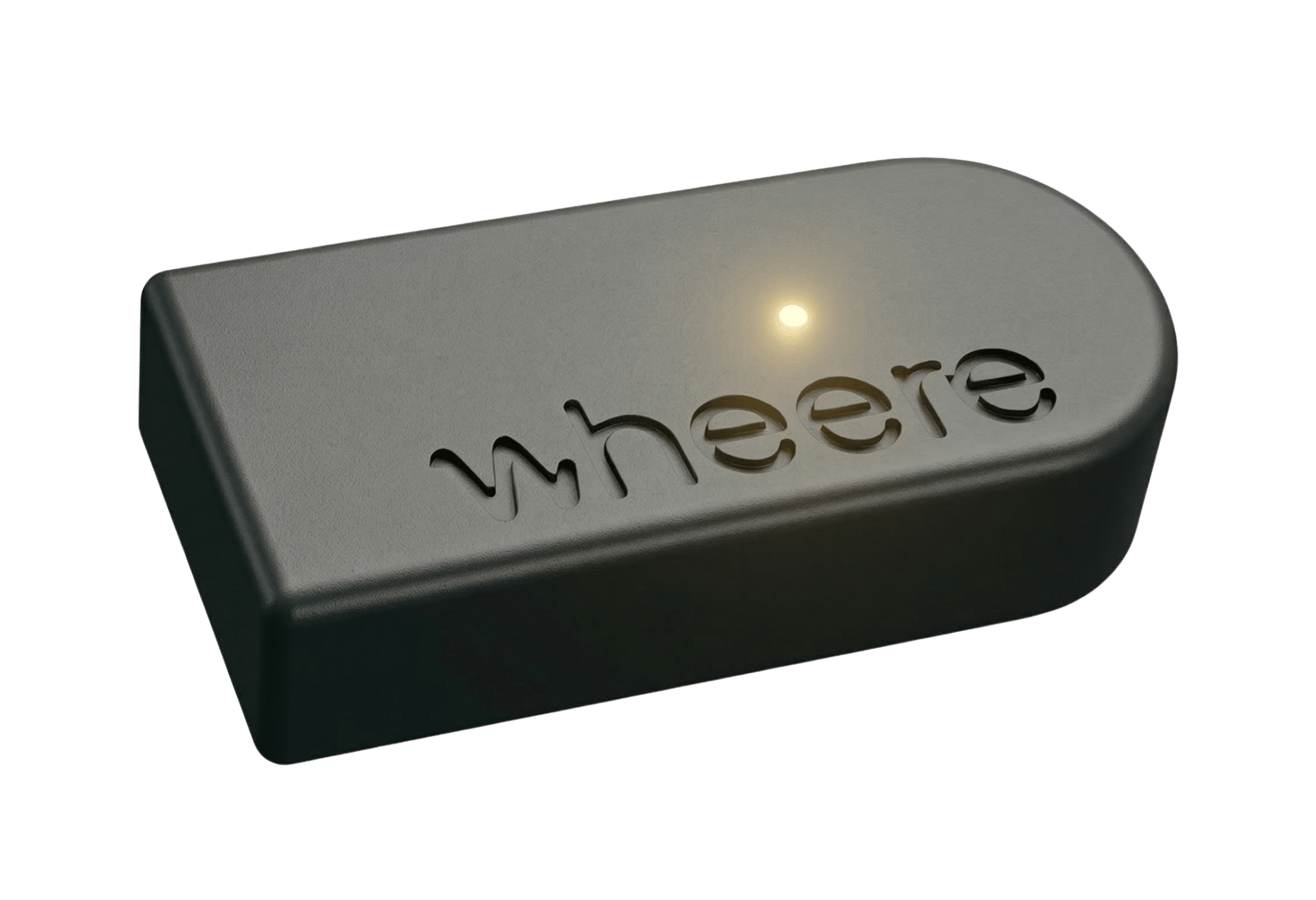 3D réaliste d'un tracker objet Wheere. Le boîtier est rectangulaire avec une extrémité arrondie, conçu dans un plastique mat gris foncé au style industriel. Le logo 'wheere' est gravé en creux sur la face supérieure, à côté d'une petite LED lumineuse allumée.