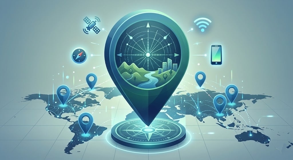 Illustration conceptuelle d'un système de localisation en temps réel RTLS avec icône de positionnement sur une carte du monde.