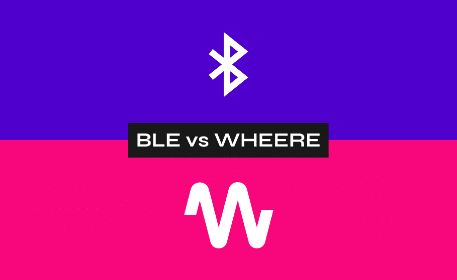 Comparaison de deux technologies RTLS : le BLE (Bluetooth Low Energy) et la solution de géolocalisation Wheere. Visuel minimaliste aux couleurs de la charte graphique Wheere.