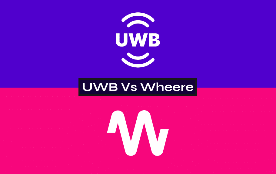 Comparaison de deux technologies RTLS : la technologie UWB (Ultra-Wideband) et la solution de géolocalisation indoor Wheere. Visuel minimaliste aux couleurs de la charte graphique Wheere.